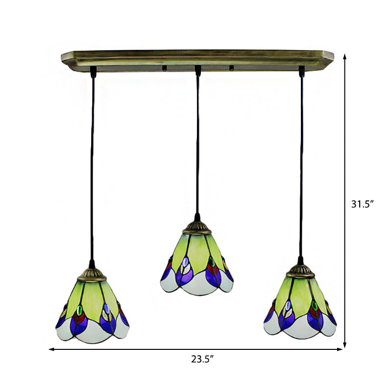 Tiffany-Style Cone Cluster Pendant 3 Heads Handcrafted Art Glass Suspension Lamp in Green for Bedroom Clearhalo 'Ceiling Lights' 'Chandeliers' 'Industrial' 'Middle Century Pendants' 'Pendant Lights' 'Pendants' 'Tiffany close to ceiling' 'Tiffany Pendants' 'Tiffany' Lighting' 182805