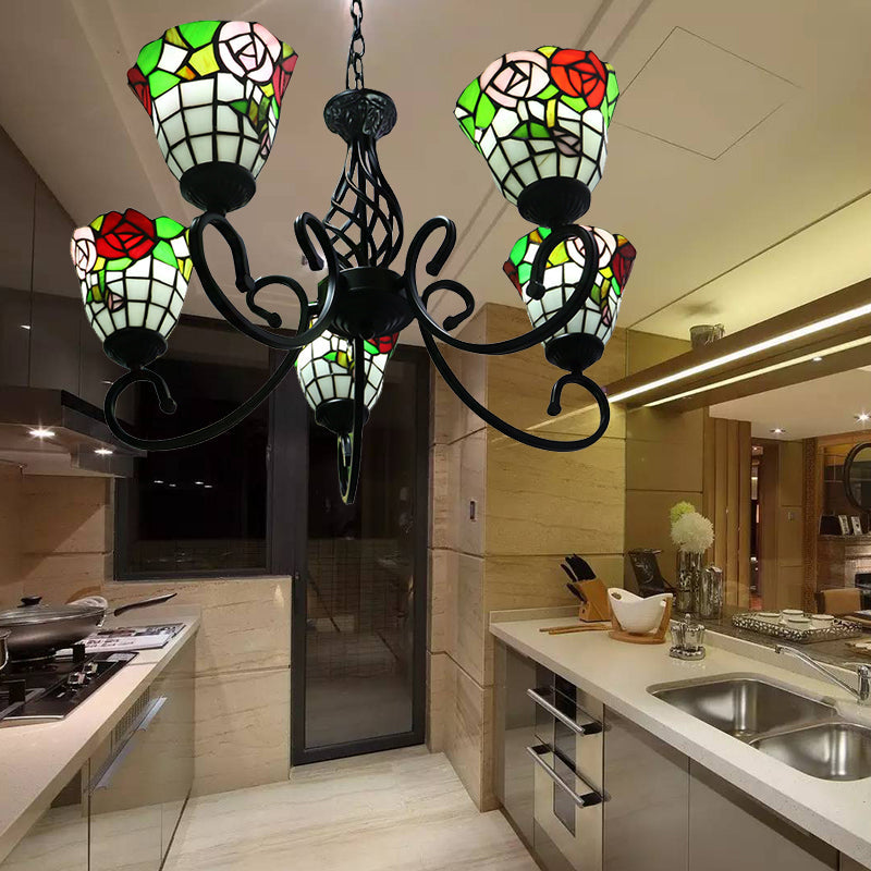 Rose Chandelier Hanging Light Fixture Lodge Stained Glass 5-Light Suspension Light in Black Finish Clearhalo 'Ceiling Lights' 'Chandeliers' 'Close To Ceiling Lights' 'Industrial' 'Middle Century Chandeliers' 'Tiffany Chandeliers' 'Tiffany close to ceiling' 'Tiffany' Lighting' 182816