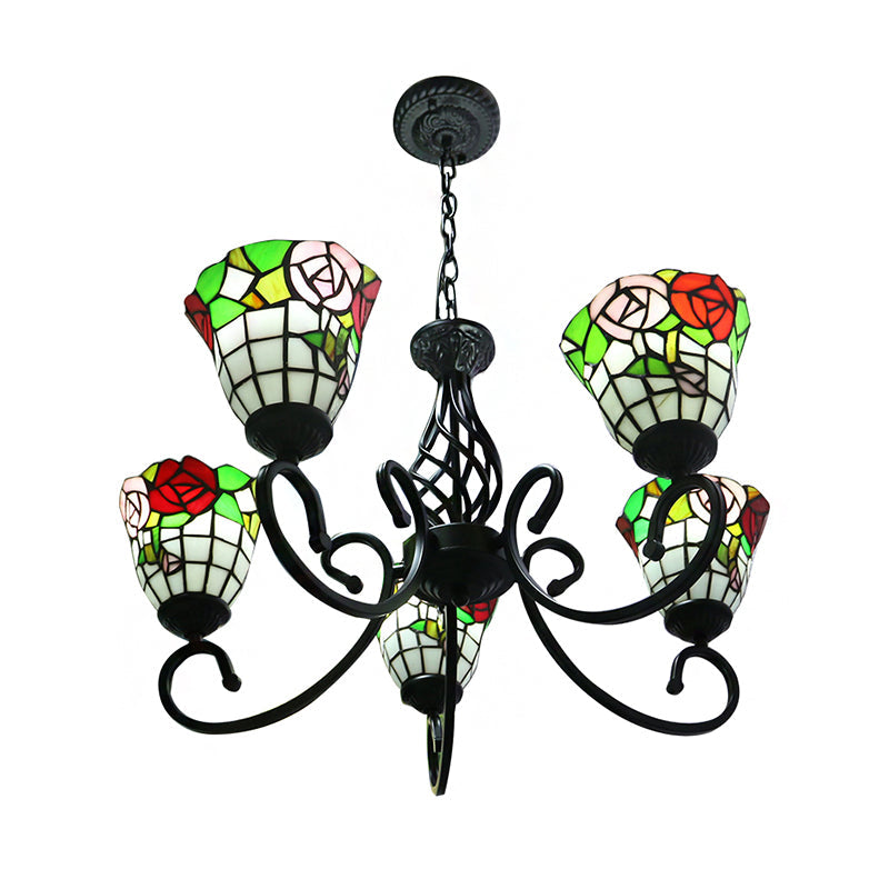 Rose Chandelier Hanging Light Fixture Lodge Stained Glass 5-Light Suspension Light in Black Finish Clearhalo 'Ceiling Lights' 'Chandeliers' 'Close To Ceiling Lights' 'Industrial' 'Middle Century Chandeliers' 'Tiffany Chandeliers' 'Tiffany close to ceiling' 'Tiffany' Lighting' 182817