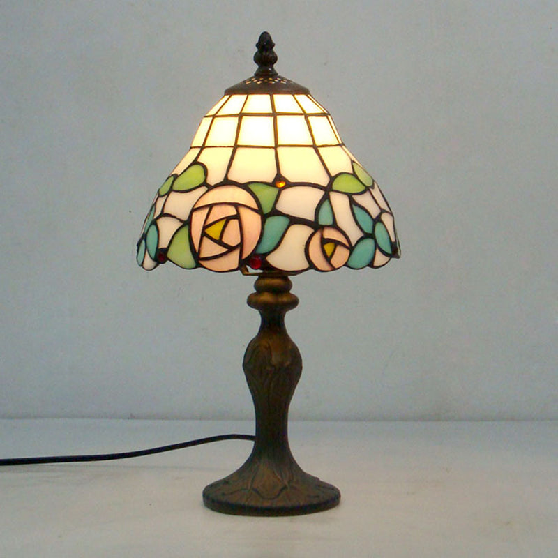 Rose Table Lamp Rustic Stained Glass 1-Light Accent Lamp in White and Pink for Bedside Pink-White 8