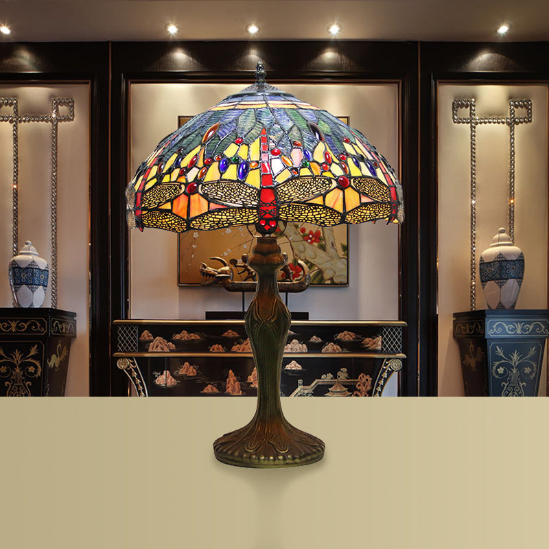 Dragonfly Table Lamp Retro Stained Glass 1-Light Accent Lamp in Antique Bronze Finish for Study Clearhalo 'Lamps' 'Table Lamps' Lighting' 183094