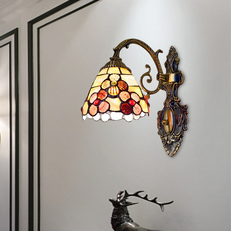 Bowl-Shaped Wall Mount Fixture Stained Glass 1 Light Wall Lighting with Flower Pattern in Antique Brass Antique Brass 6