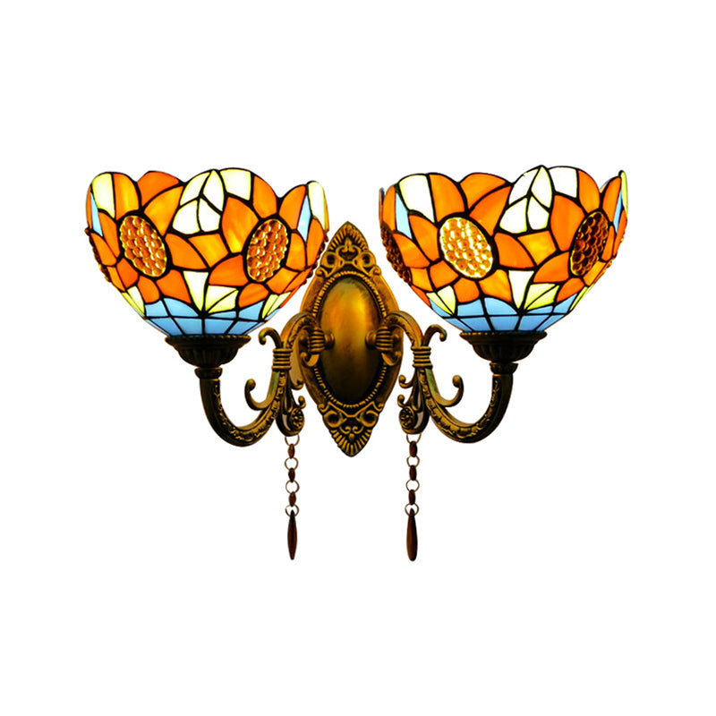 Orange Bowl Wall Fixture Light Country Stained Glass 2 Lights Wall Mount Fixture with Sunflower Pattern Orange Clearhalo 'Industrial' 'Middle century wall lights' 'Tiffany wall lights' 'Tiffany' 'Wall Lamps & Sconces' 'Wall Lights' Lighting' 183281