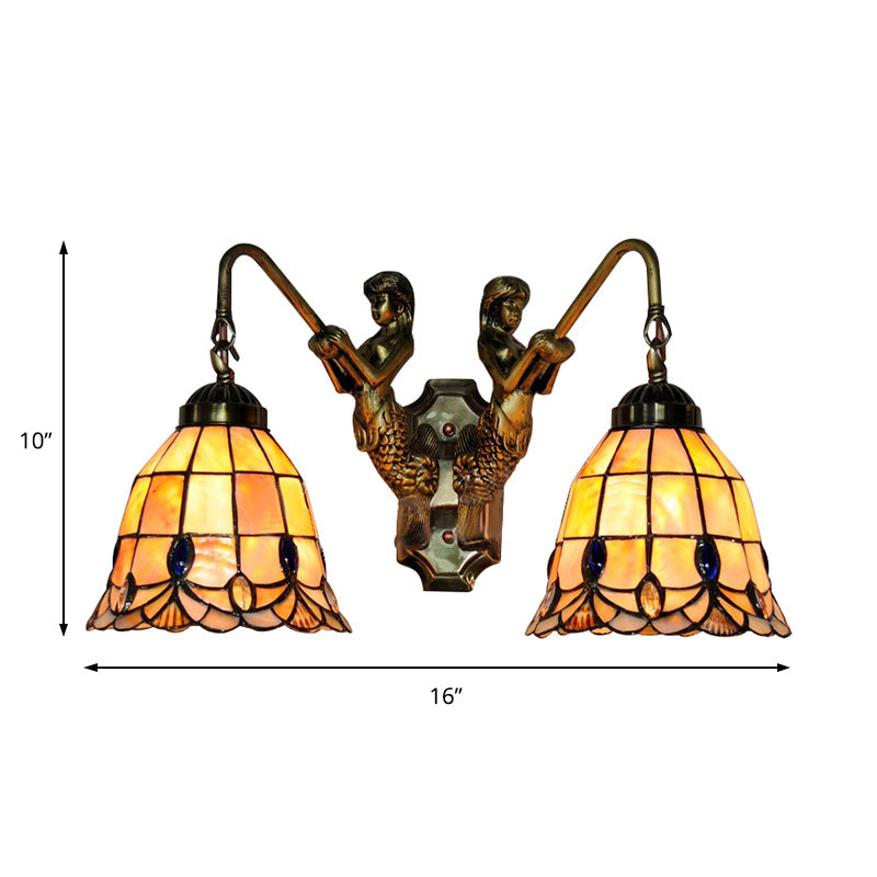 Flared Shell Sconce Light Tiffany 2 Heads Beige Mermaid Wall Mounted Light for Bedroom Clearhalo 'Industrial' 'Middle century wall lights' 'Tiffany wall lights' 'Tiffany' 'Wall Lamps & Sconces' 'Wall Lights' Lighting' 183381