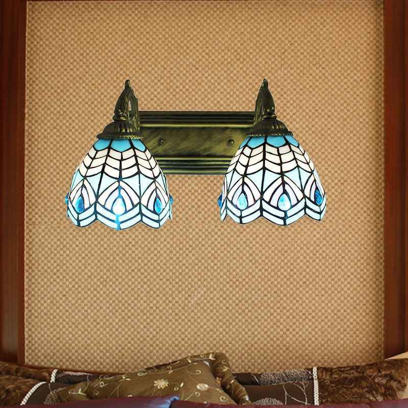 Tiffany Style Dome Wall Lighting Stained Glass 2 Heads Decorative Wall Fixture Light in Blue Clearhalo 'Industrial' 'Middle century wall lights' 'Tiffany wall lights' 'Tiffany' 'Wall Lamps & Sconces' 'Wall Lights' Lighting' 183430