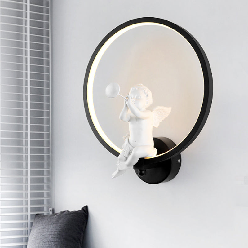 Art Deco Ring Wall Light with Angel Metal Sconce Light in Black for Adult Bedroom Black Clearhalo 'Wall Lamps & Sconces' 'Wall Lights' Lighting' 183499