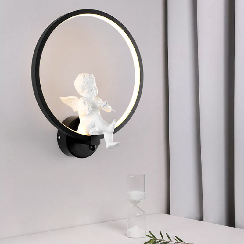 Contemporary Ring Sconce Light with Little Angel Metal Black Wall Light for Living Room Black Clearhalo 'Wall Lamps & Sconces' 'Wall Lights' Lighting' 183525