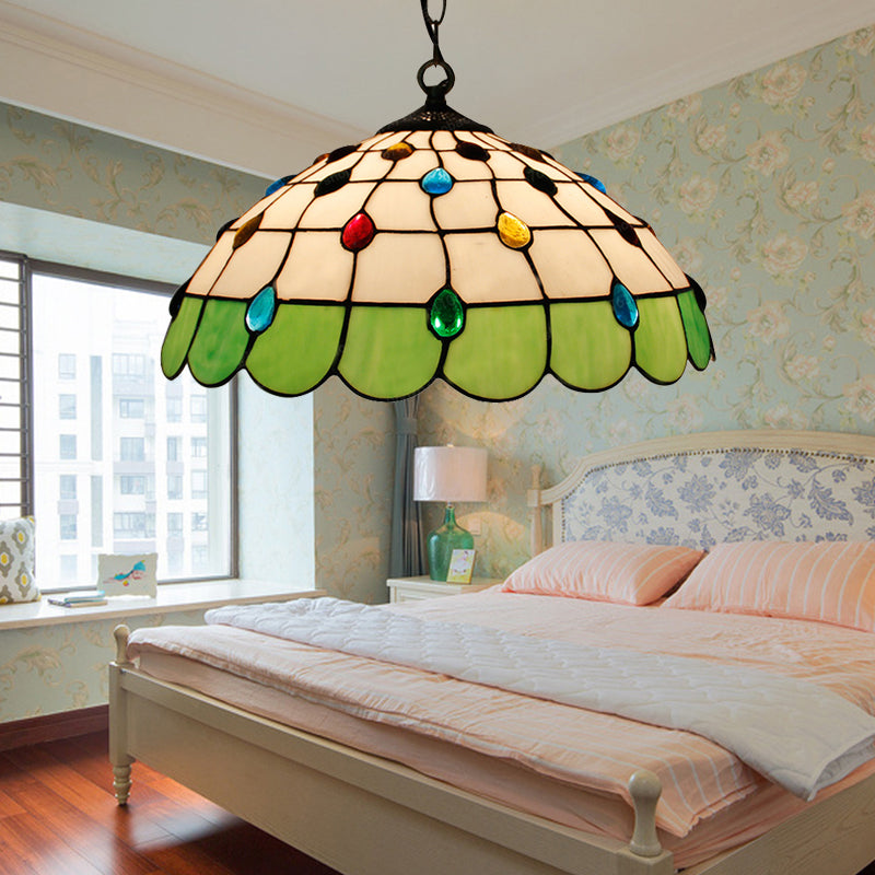 Single Head Dome Hanging Pendant Tiffany Pink/Light Blue/Green Hand Rolled Art Glass Ceiling Light for Bedroom Green Clearhalo 'Ceiling Lights' 'Industrial' 'Middle Century Pendants' 'Pendant Lights' 'Pendants' 'Tiffany close to ceiling' 'Tiffany Pendants' 'Tiffany' Lighting' 183565