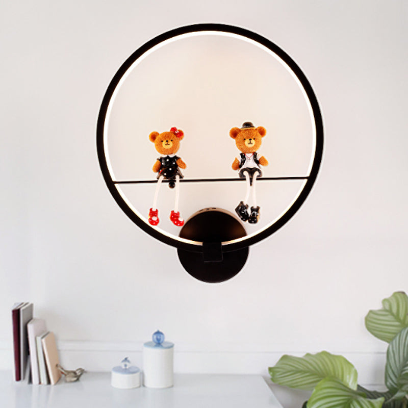 Contemporary Black Wall Light Ring Metal Sconce Light with Doll Deco for Kids Bedroom Clearhalo 'Wall Lamps & Sconces' 'Wall Lights' Lighting' 183758