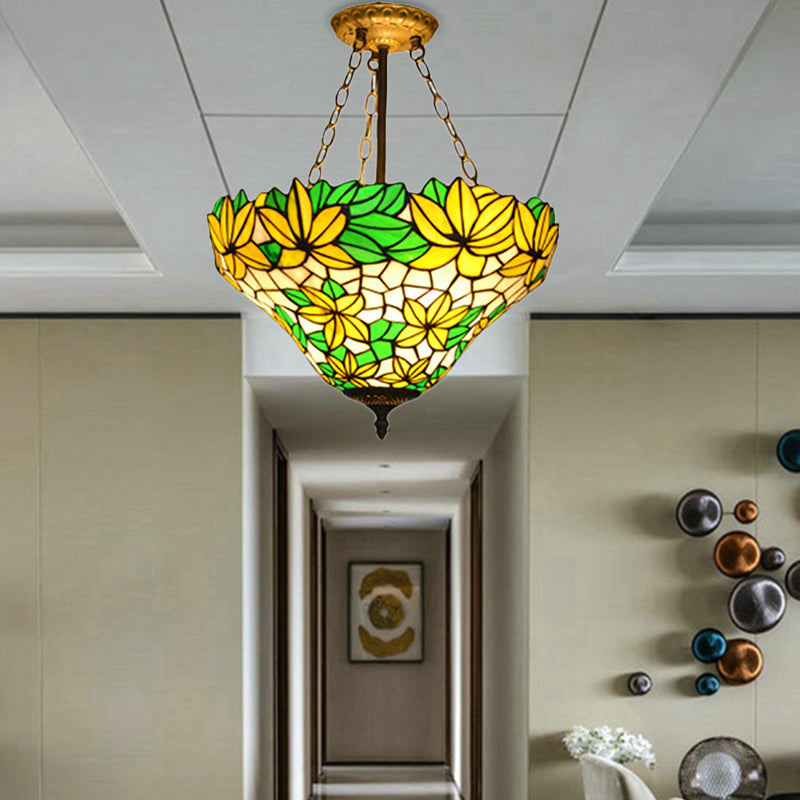 Rustic Style Floral Chandelier Stained Glass Pendant Light in Yellow for Kindergarten Yellow Clearhalo 'Ceiling Lights' 'Close To Ceiling Lights' 'Close to ceiling' 'Glass shade' 'Glass' 'Pendant Lights' 'Semi-flushmount' 'Tiffany close to ceiling' 'Tiffany' Lighting' 183954