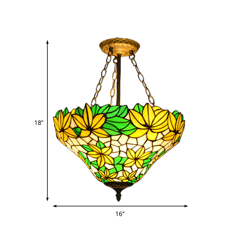 Rustic Style Floral Chandelier Stained Glass Pendant Light in Yellow for Kindergarten Clearhalo 'Ceiling Lights' 'Close To Ceiling Lights' 'Close to ceiling' 'Glass shade' 'Glass' 'Pendant Lights' 'Semi-flushmount' 'Tiffany close to ceiling' 'Tiffany' Lighting' 183957