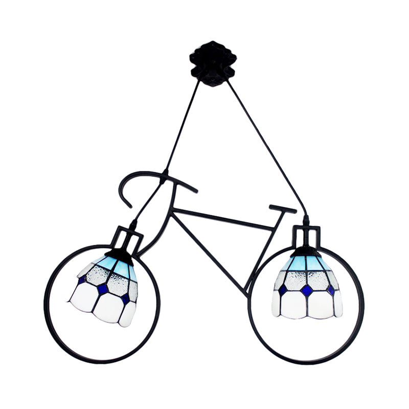 Metallic Bike Ceiling Pendant with Grid Dome Shade 2 Heads Tiffany Creative Hanging Light for Game Room Clearhalo 'Ceiling Lights' 'Industrial' 'Middle Century Pendants' 'Pendant Lights' 'Pendants' 'Tiffany close to ceiling' 'Tiffany Pendants' 'Tiffany' Lighting' 184103