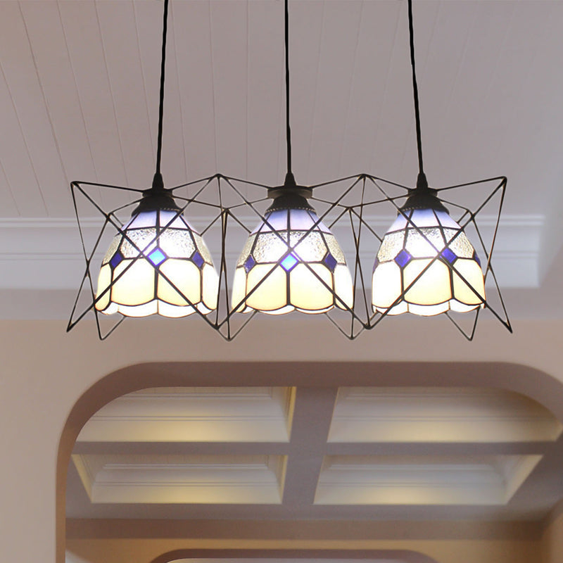 Kitchen Grid Bowl Pendant Light with Wire Frame Glass 3 Heads Tiffany Hanging Light Dark Blue Clearhalo 'Ceiling Lights' 'Industrial' 'Middle Century Pendants' 'Pendant Lights' 'Pendants' 'Tiffany close to ceiling' 'Tiffany Pendants' 'Tiffany' Lighting' 184136