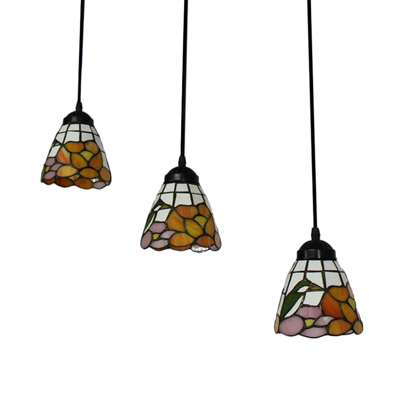 Baroque Cone Cluster Pendant Light Beige Stained Glass 3 Heads Hanging Light Kit for Living Room Clearhalo 'Ceiling Lights' 'Close To Ceiling Lights' 'Industrial' 'Middle Century Pendants' 'Pendant Lights' 'Pendants' 'Tiffany close to ceiling' 'Tiffany Pendants' 'Tiffany' Lighting' 184161