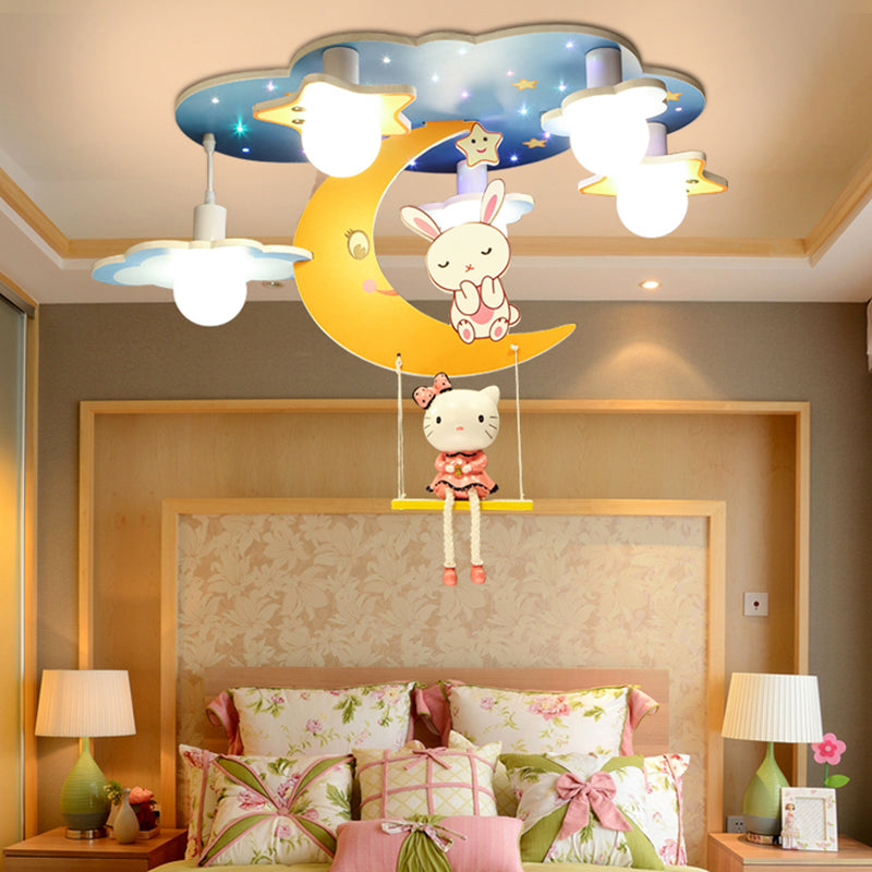 Wood Moon Flush Mount Light with Kitten Bunny 5 Lights Cartoon Ceiling Fixture in Blue for Kindergarten Blue Clearhalo 'Ceiling Lights' 'Close To Ceiling Lights' 'Close to ceiling' 'Flush mount' Lighting' 184528