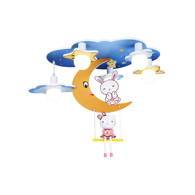 Wood Moon Flush Mount Light with Kitten Bunny 5 Lights Cartoon Ceiling Fixture in Blue for Kindergarten Clearhalo 'Ceiling Lights' 'Close To Ceiling Lights' 'Close to ceiling' 'Flush mount' Lighting' 184530