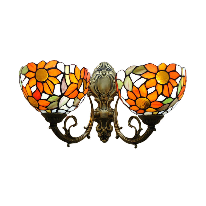 2 Lights Sunflower Wall Lighting Lodge Wall Sconce with Bowl Glass Shade in Orange/Yellow Clearhalo 'Wall Lamps & Sconces' 'Wall Lights' Lighting' 184549