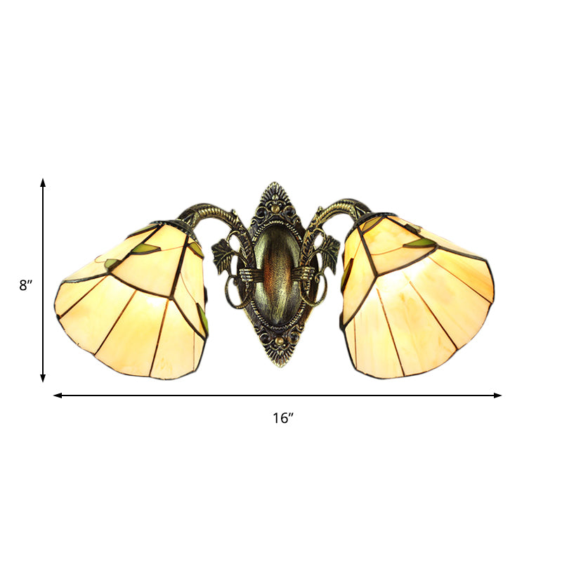 Scalloped Shade Wall Sconce Industrial Vintage Stained Glass 2 Heads Wall Lamp Fixture with Leaf Pattern Clearhalo 'Industrial' 'Middle century wall lights' 'Tiffany wall lights' 'Tiffany' 'Wall Lamps & Sconces' 'Wall Lights' Lighting' 184659