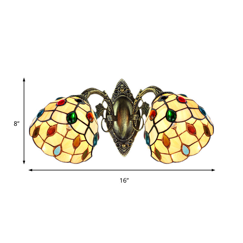 Tiffany Style Domed Wall Lighting Stained Glass 2 Heads Jewel Wall Mount Fixture for Stairway Clearhalo 'Industrial' 'Middle century wall lights' 'Tiffany wall lights' 'Tiffany' 'Wall Lamps & Sconces' 'Wall Lights' Lighting' 184674