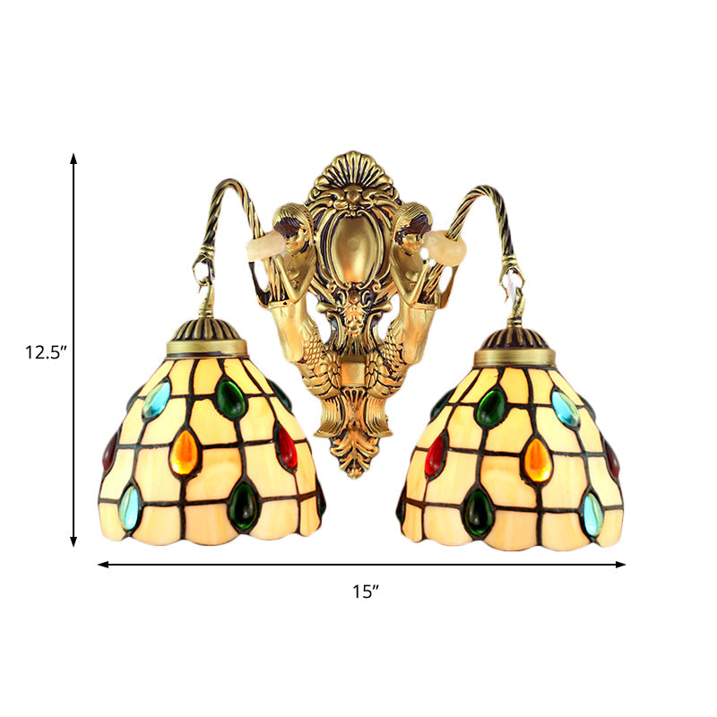 Jeweled Beige Glass Sconce Light Fixture 2 Heads Brass Wall Mount Light for Bedroom Clearhalo 'Industrial' 'Middle century wall lights' 'Tiffany wall lights' 'Tiffany' 'Wall Lamps & Sconces' 'Wall Lights' Lighting' 184683