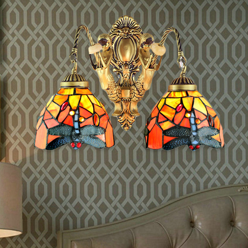 2 Heads Dome Sconce Lighting Tiffany Brass/White Stained Glass Wall Mount Light with Dragonfly Pattern Clearhalo 'Wall Lamps & Sconces' 'Wall Lights' Lighting' 184696