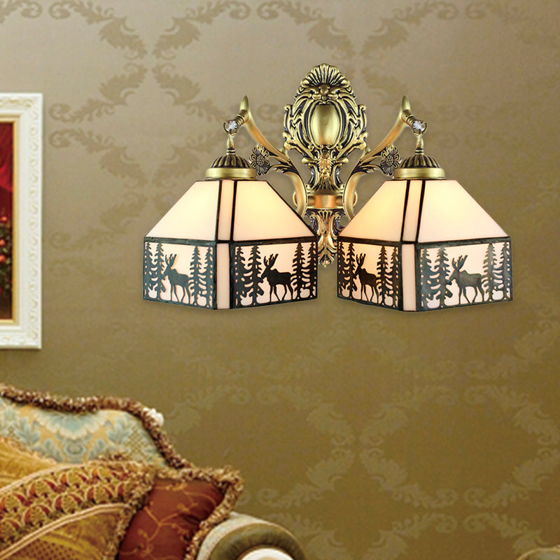 Small House Wall Sconce Retro Style Stained Glass 2 Heads Wall Light with Deer and Tree Pattern Beige Clearhalo 'Industrial' 'Middle century wall lights' 'Tiffany wall lights' 'Tiffany' 'Wall Lamps & Sconces' 'Wall Lights' Lighting' 184854