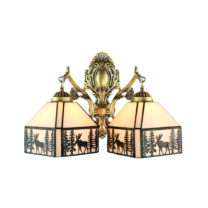 Small House Wall Sconce Retro Style Stained Glass 2 Heads Wall Light with Deer and Tree Pattern Clearhalo 'Industrial' 'Middle century wall lights' 'Tiffany wall lights' 'Tiffany' 'Wall Lamps & Sconces' 'Wall Lights' Lighting' 184856