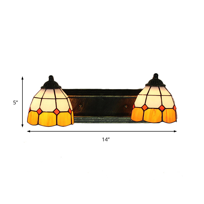 Grid Patterned Sconce Light Baroque Yellow and White Glass 2 Heads Bronze Wall Mounted Light Clearhalo 'Industrial' 'Middle century wall lights' 'Tiffany wall lights' 'Tiffany' 'Wall Lamps & Sconces' 'Wall Lights' Lighting' 184884