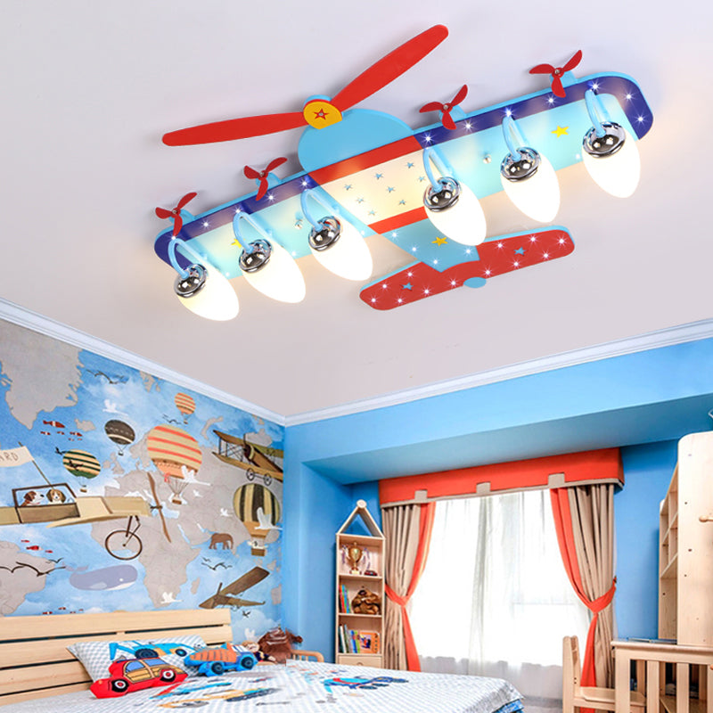 Wood Propeller Plane Flush Mount Light Baby Bedroom Cartoon Ceiling Light in Blue 6 Blue Clearhalo 'Ceiling Lights' 'Close To Ceiling Lights' 'Close to ceiling' 'Flush mount' Lighting' 184915
