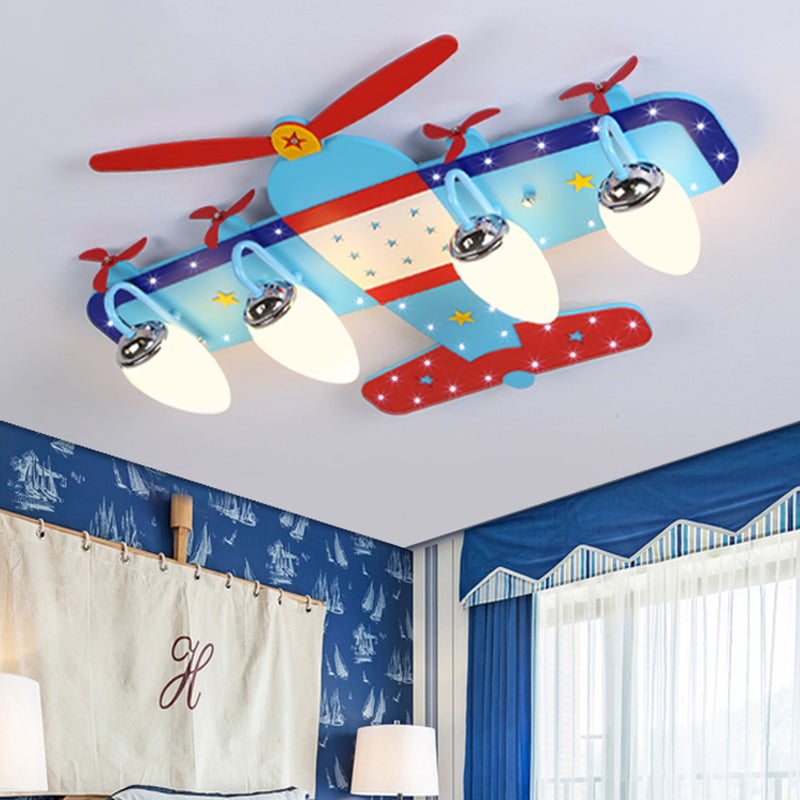 Wood Propeller Plane Flush Mount Light Baby Bedroom Cartoon Ceiling Light in Blue 4 Blue Clearhalo 'Ceiling Lights' 'Close To Ceiling Lights' 'Close to ceiling' 'Flush mount' Lighting' 184920