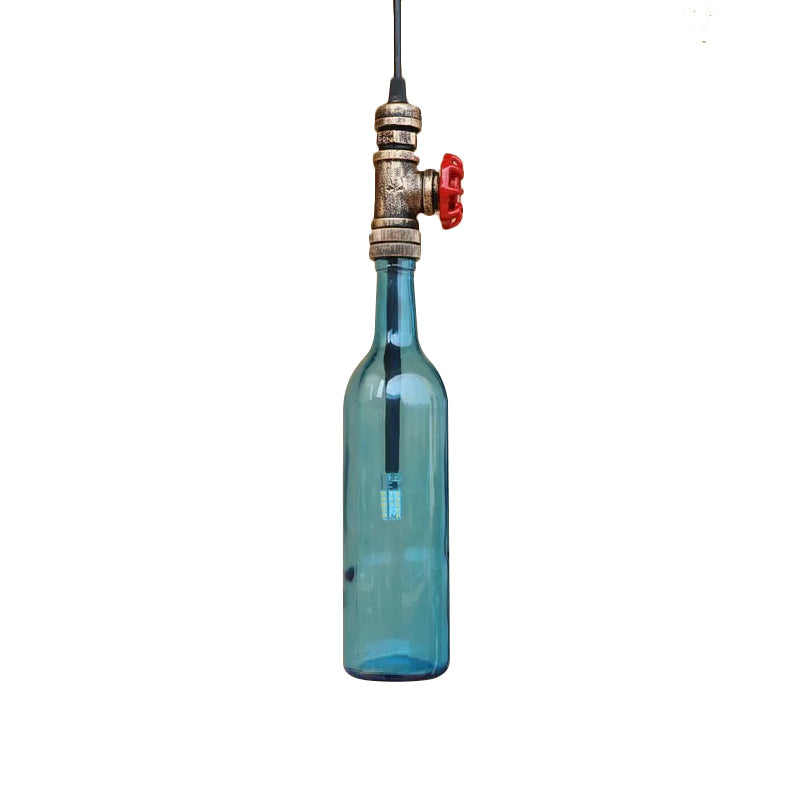 Water Pipe Restaurant Ceiling Fixture with Bottle Shade and Valve Antique Glass 1 Light Blue/Amber Pendant Lighting Clearhalo 'Ceiling Lights' 'Glass shade' 'Glass' 'Industrial Pendants' 'Industrial' 'Middle Century Pendants' 'Pendant Lights' 'Pendants' 'Tiffany' Lighting' 185051