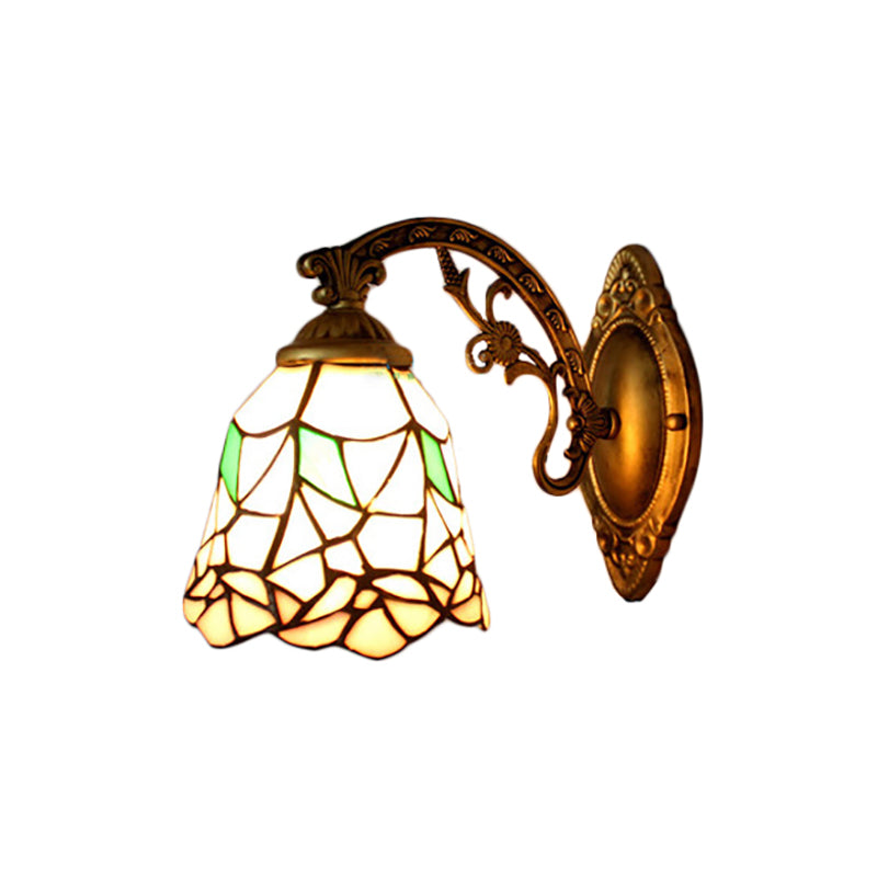 Vintage Bell Wall Light Stained Glass 1 Light Wall Sconce for Bedroom Lighting with Flower Pattern in Beige Clearhalo 'Wall Lamps & Sconces' 'Wall Lights' Lighting' 185074