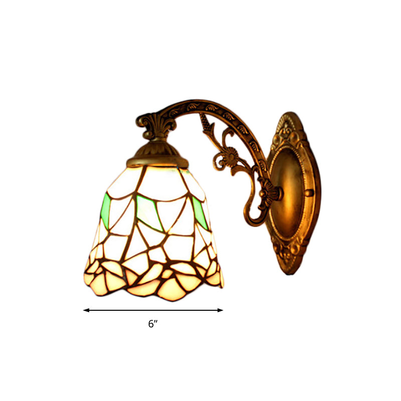 Vintage Bell Wall Light Stained Glass 1 Light Wall Sconce for Bedroom Lighting with Flower Pattern in Beige Clearhalo 'Wall Lamps & Sconces' 'Wall Lights' Lighting' 185075