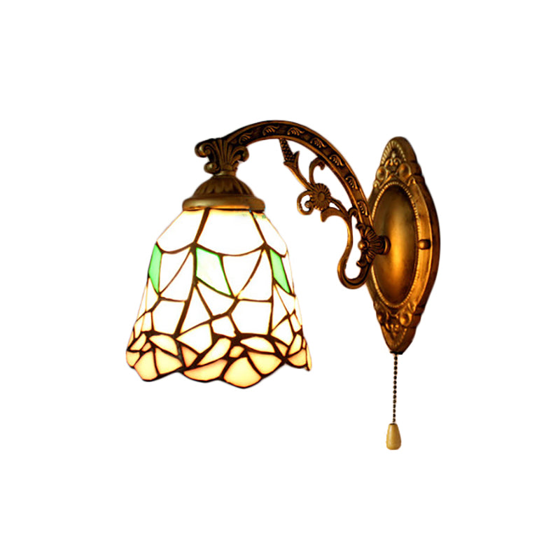 Vintage Bell Wall Light Stained Glass 1 Light Wall Sconce for Bedroom Lighting with Flower Pattern in Beige Clearhalo 'Wall Lamps & Sconces' 'Wall Lights' Lighting' 185077
