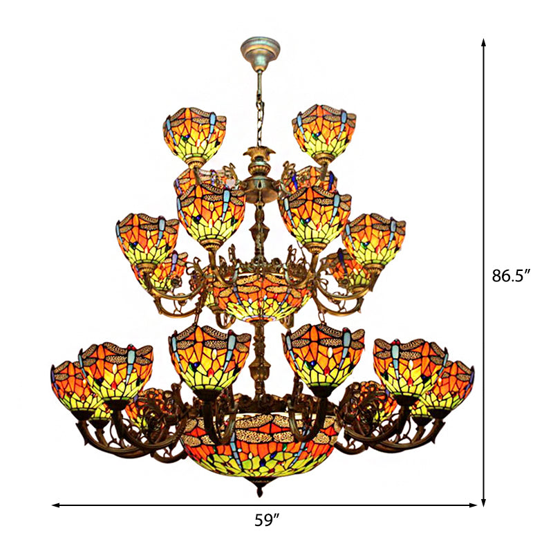 32-Light Dragonfly Chandelier Lighting Tiffany Stained Glass 3-Tier Hanging Light Clearhalo 'Ceiling Lights' 'Chandeliers' 'Close To Ceiling Lights' 'Industrial' 'Middle Century Chandeliers' 'Tiffany Chandeliers' 'Tiffany close to ceiling' 'Tiffany' Lighting' 185313