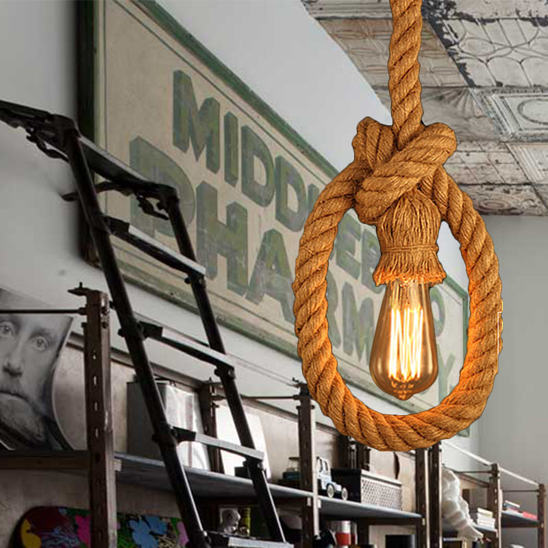 1 Head Natural Rope Pendant Lighting Lodge Beige Open Bulb Restaurant Adjustable Ceiling Light Fixture Beige Clearhalo 'Ceiling Lights' 'Industrial Pendants' 'Industrial' 'Middle Century Pendants' 'Pendant Lights' 'Pendants' 'Tiffany' Lighting' 185386