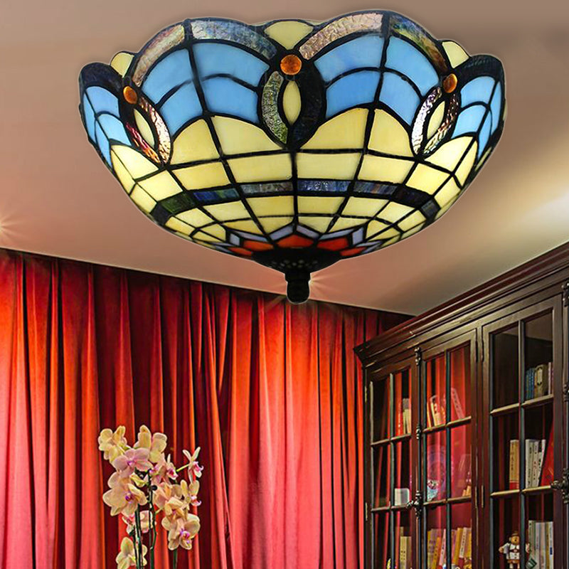 Retro Bowl Shade Flush Light Fixtures Stained Glass 2 Lights Flush Mount Light for Dining Room Clearhalo 'Ceiling Lights' 'Close To Ceiling Lights' 'Close to ceiling' 'Glass shade' 'Glass' 'Pendant Lights' 'Semi-flushmount' 'Tiffany close to ceiling' 'Tiffany' Lighting' 185553