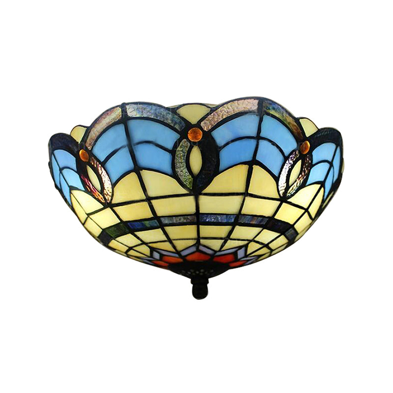 Retro Bowl Shade Flush Light Fixtures Stained Glass 2 Lights Flush Mount Light for Dining Room Clearhalo 'Ceiling Lights' 'Close To Ceiling Lights' 'Close to ceiling' 'Glass shade' 'Glass' 'Pendant Lights' 'Semi-flushmount' 'Tiffany close to ceiling' 'Tiffany' Lighting' 185554