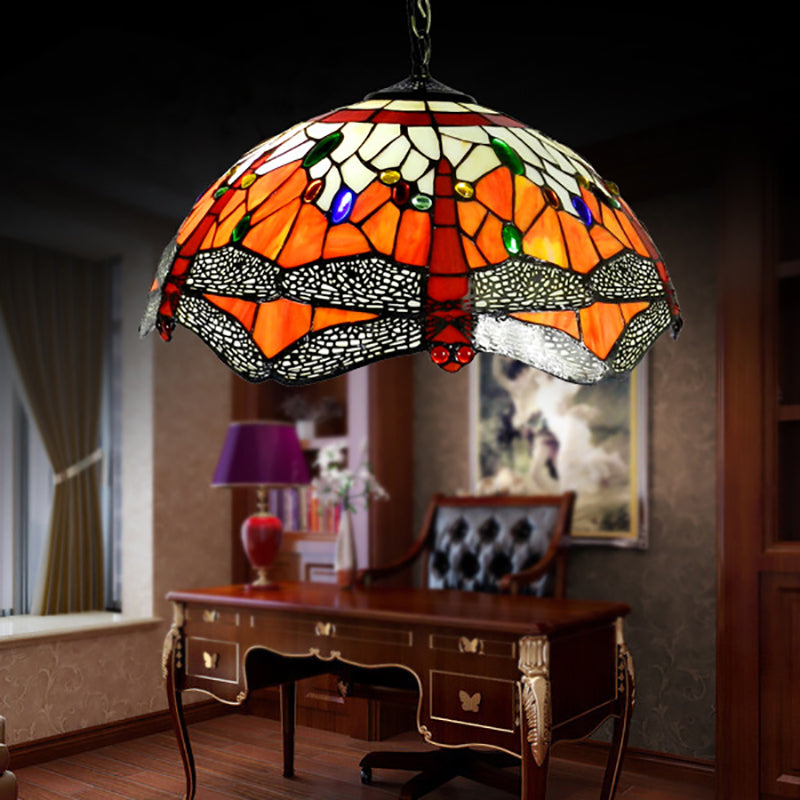 Dragonfly Ceiling Light 2 Heads Orange Hand Cut Glass Victorian Suspended Lighting Fixture Orange Clearhalo 'Ceiling Lights' 'Industrial' 'Middle Century Pendants' 'Pendant Lights' 'Pendants' 'Tiffany close to ceiling' 'Tiffany Pendants' 'Tiffany' Lighting' 185605