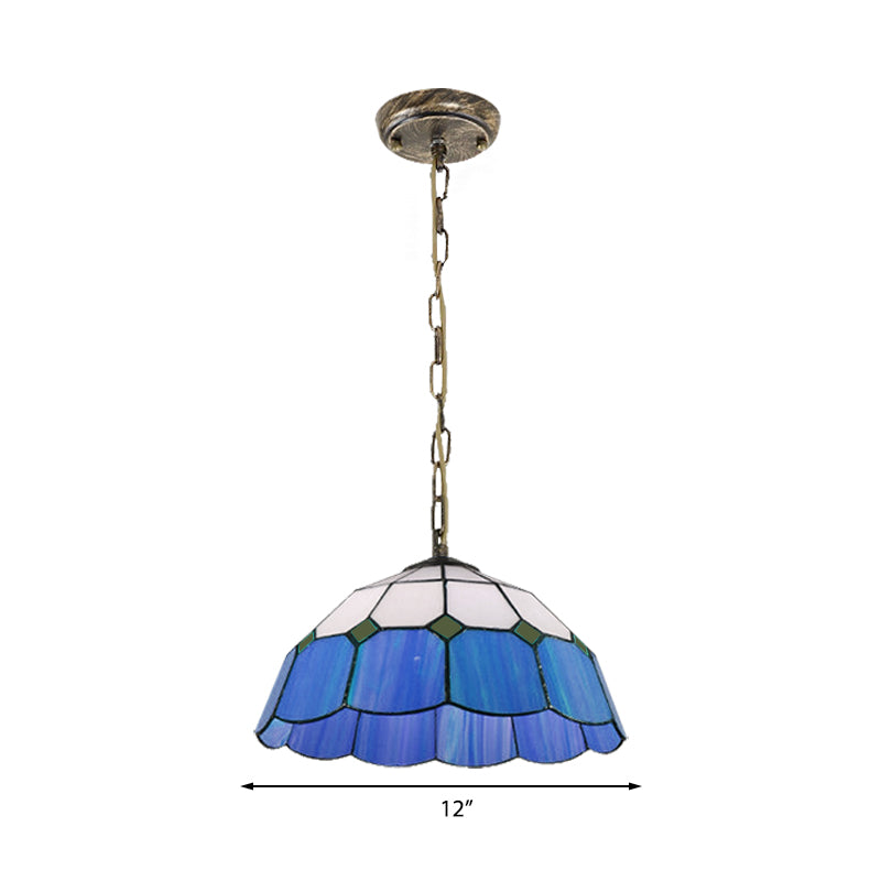 Domed Ceiling Light Tiffany 1 Head Yellow/Blue Handcrafted Art Glass Suspended Lighting Fixture, 12