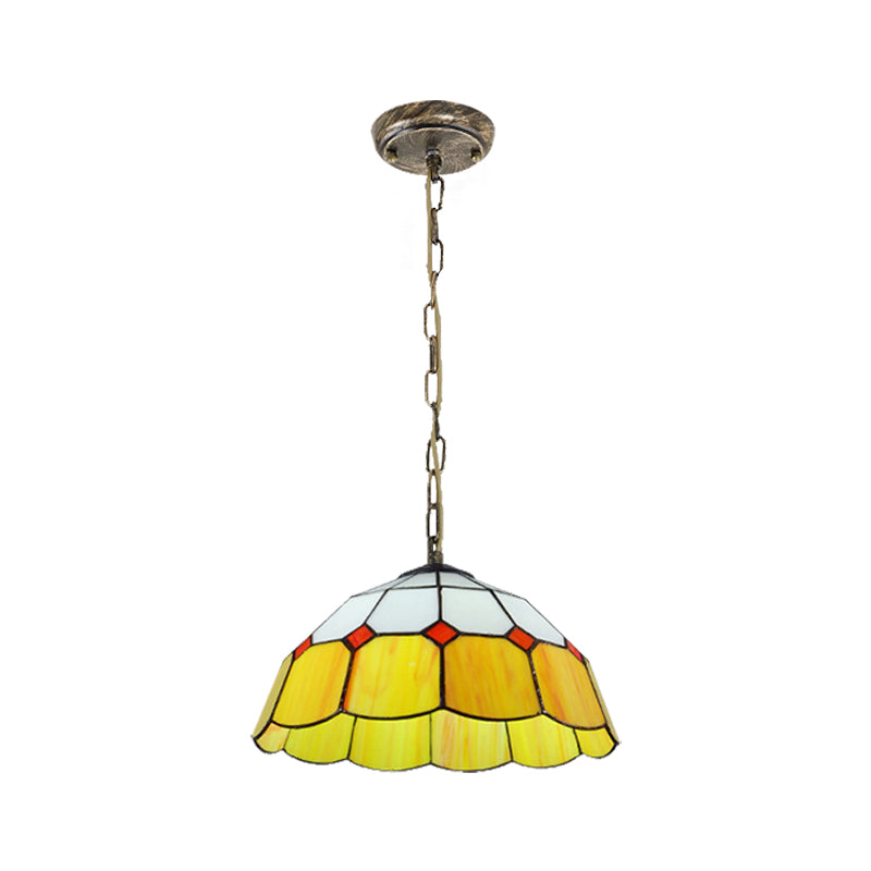 Domed Ceiling Light Tiffany 1 Head Yellow/Blue Handcrafted Art Glass Suspended Lighting Fixture, 12