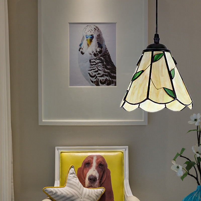 Silver/Black 1 Head Pendant Lamp Tiffany-Style Stained Glass Tapered Hanging Light Fixture with Leaf Pattern Black Clearhalo 'Ceiling Lights' 'Industrial' 'Middle Century Pendants' 'Pendant Lights' 'Pendants' 'Tiffany close to ceiling' 'Tiffany Pendants' 'Tiffany' Lighting' 185812