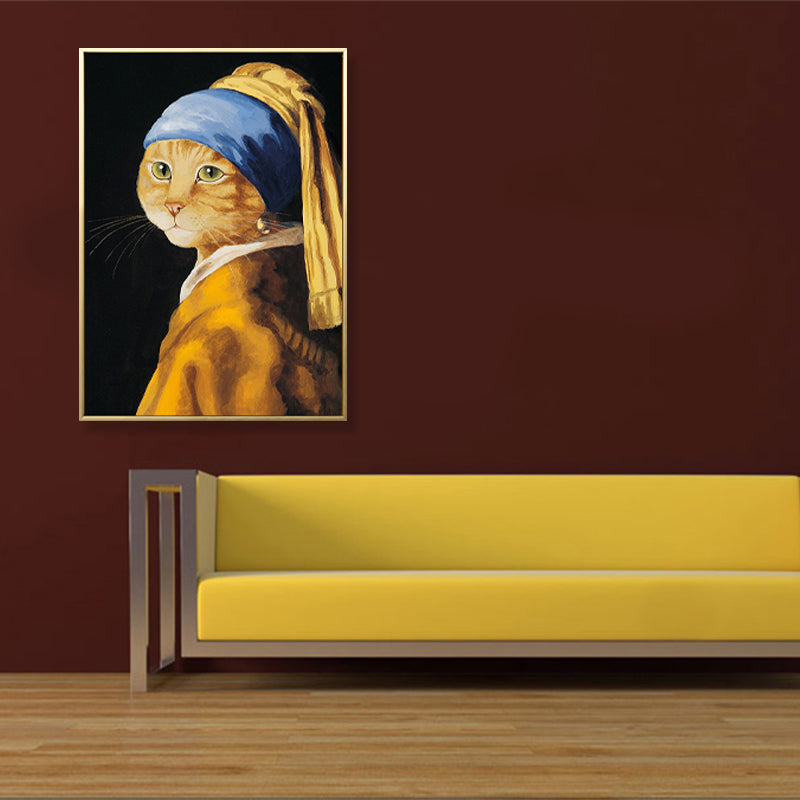 Yellow Cat Wearing Jewels Canvas Art Animal Pattern Funky Textured Wall Decor for Home Clearhalo 'Arts' 'Canvas Art' 1858448