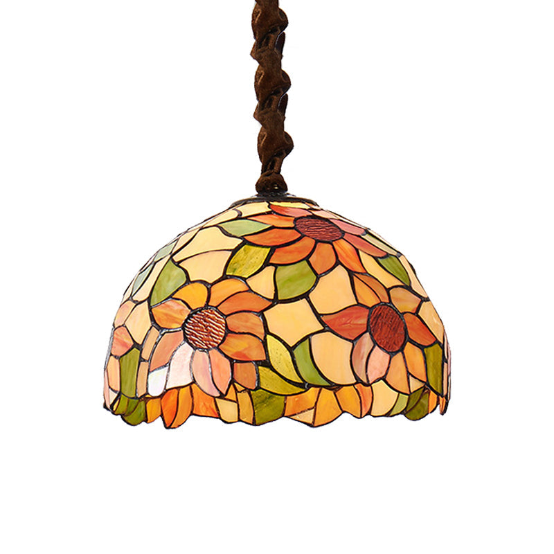 Sunflower Pendant Lamp Victorian Orange Stained Glass 1 Head Down Lighting, 12