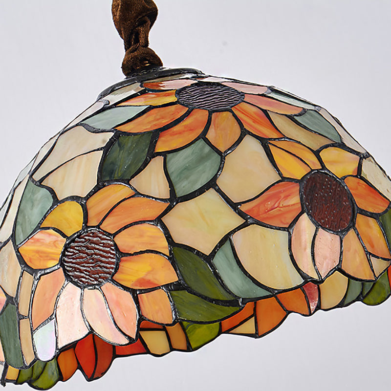 Sunflower Pendant Lamp Victorian Orange Stained Glass 1 Head Down Lighting, 12