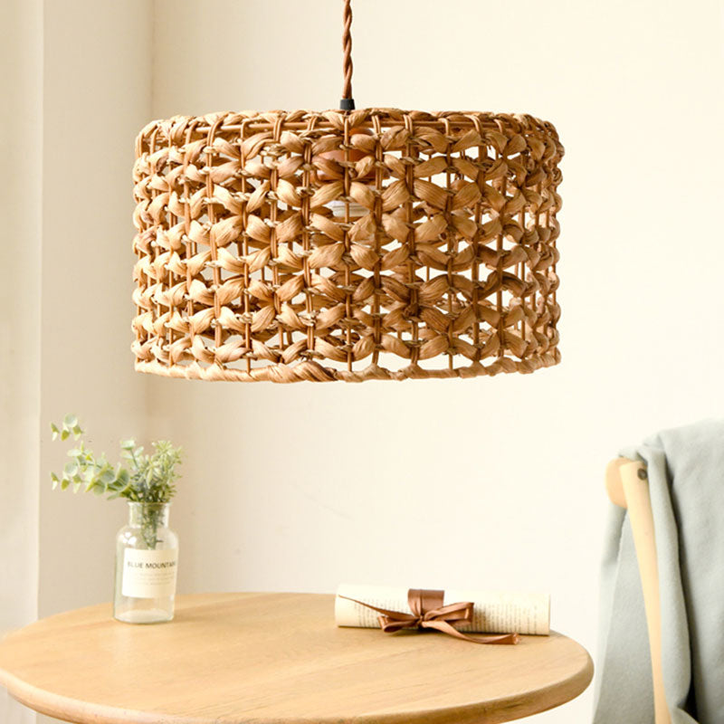 Drum Cottage Hotel Suspension Light Rattan 1 Light Asian Stylish Pendant Light in Beige Clearhalo 'Ceiling Lights' 'Pendant Lights' 'Pendants' Lighting' 186195