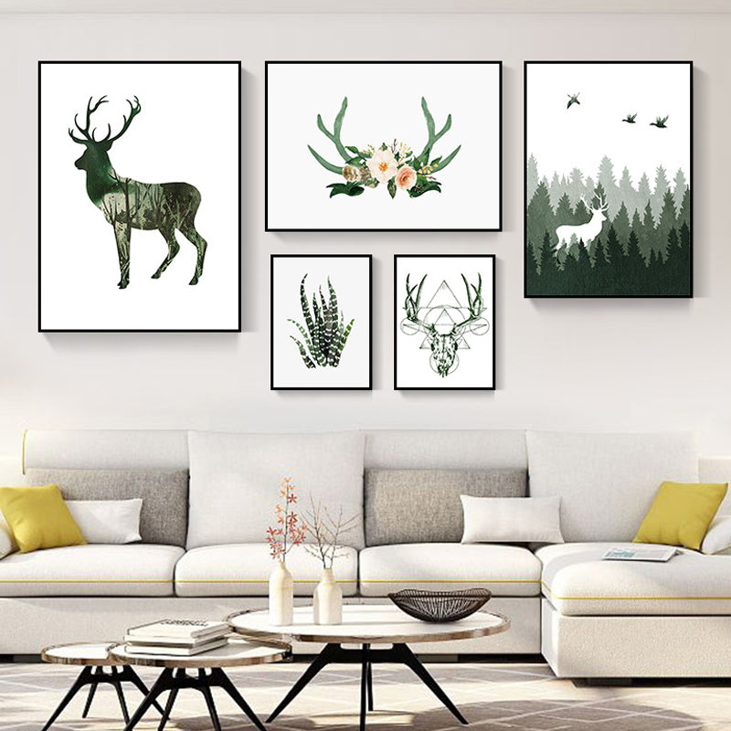 Wild Reindeer Canvas Print Multi-Piece Children's Art House Interior Wall Decor in Green Green 31