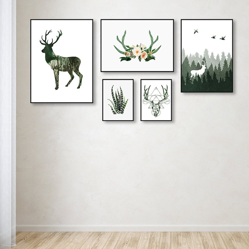 Wild Reindeer Canvas Print Multi-Piece Children's Art House Interior Wall Decor in Green Clearhalo 'Art Gallery' 'Canvas Art' 'Kids' Arts' 1862107