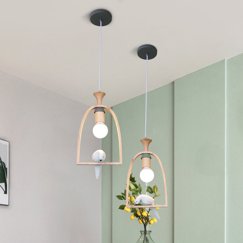 Wood Bird Cage Pendant Light with Pigeon Cafe 1 Head Rustic Style Pendant Lamp Clearhalo 'Ceiling Lights' 'Pendant Lights' 'Pendants' Lighting' 186263