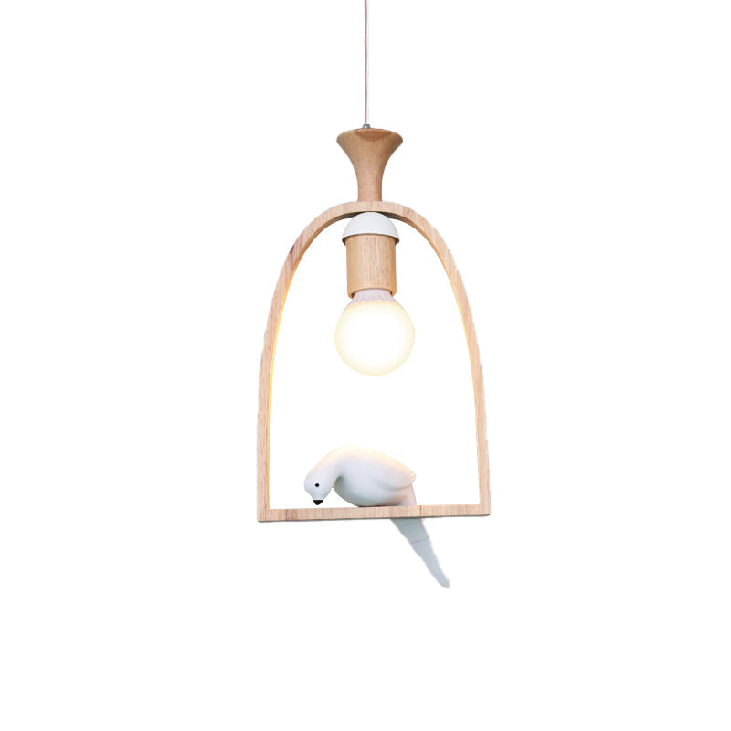 Open Bulb Restaurant Hanging Light Wood 1 Head Pendant Light with Pigeon in White Clearhalo 'Ceiling Lights' 'Pendant Lights' 'Pendants' Lighting' 186280